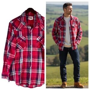 Ely Cattleman Mens Large Shirt Button Down Plaid Red Pearl Snap Western Cowboy